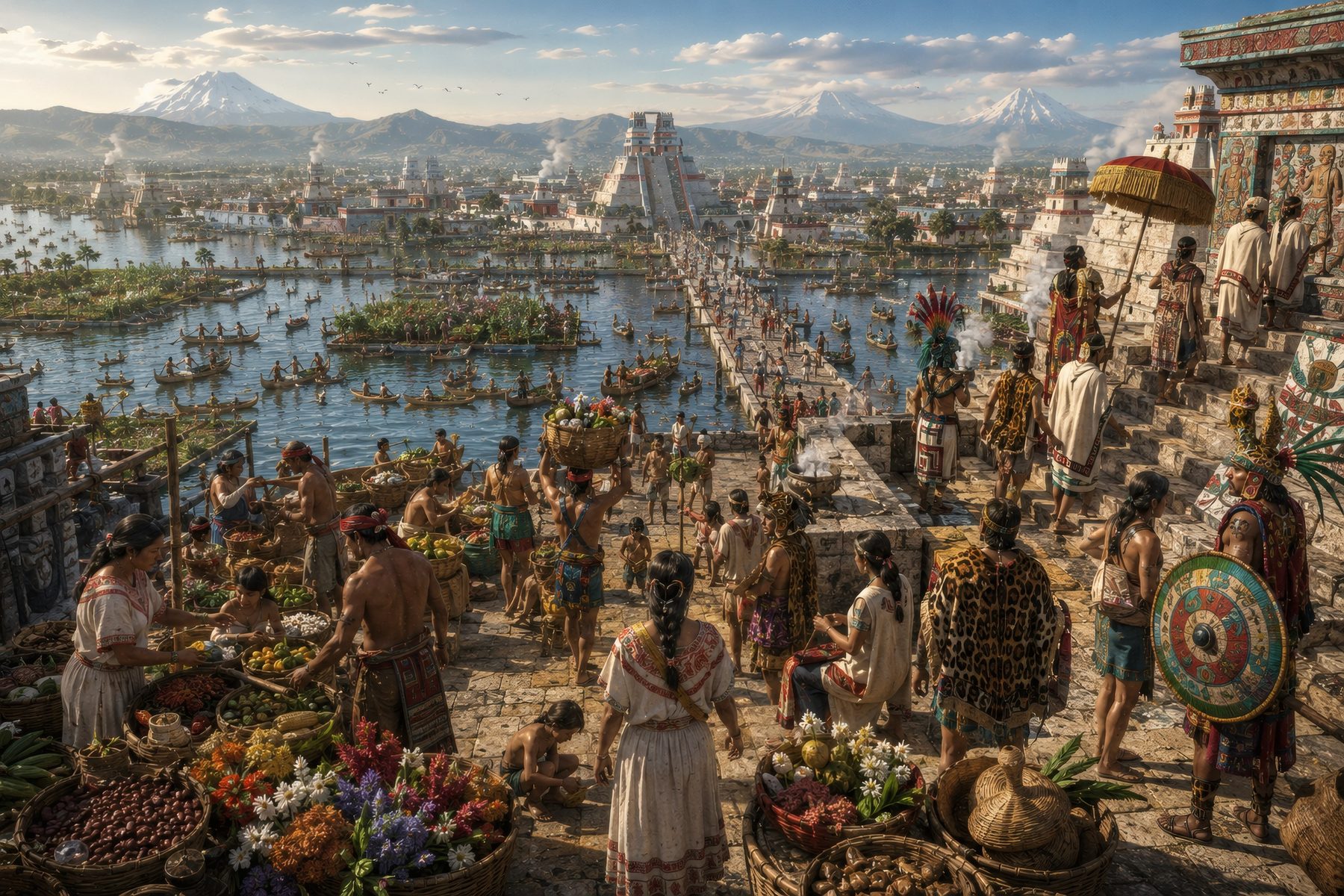 Marché de Tenochtitlan, cité lacustre au pied des volcans