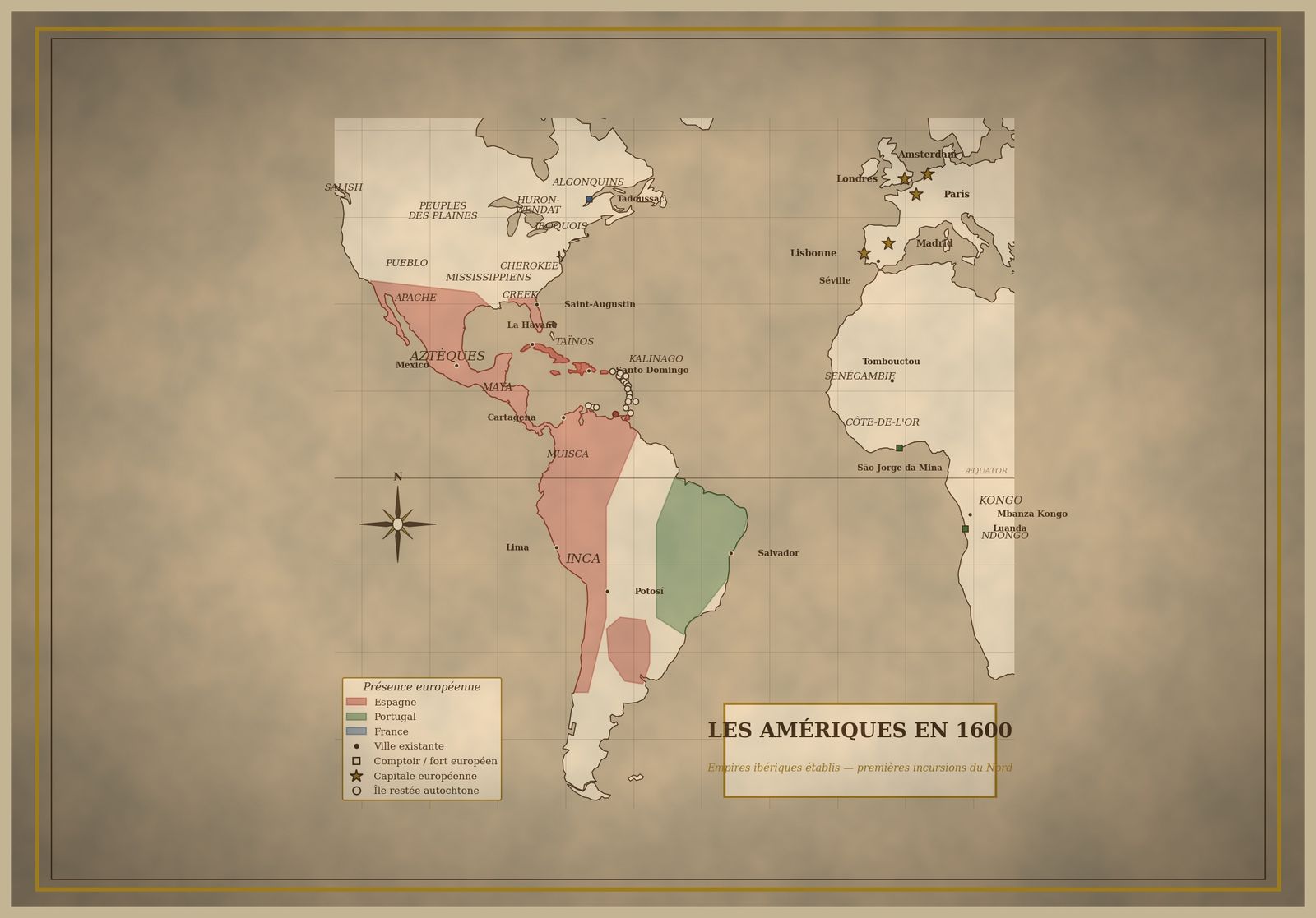 Carte des Amériques en 1600, montrant les territoires des nations et des puissances européennes