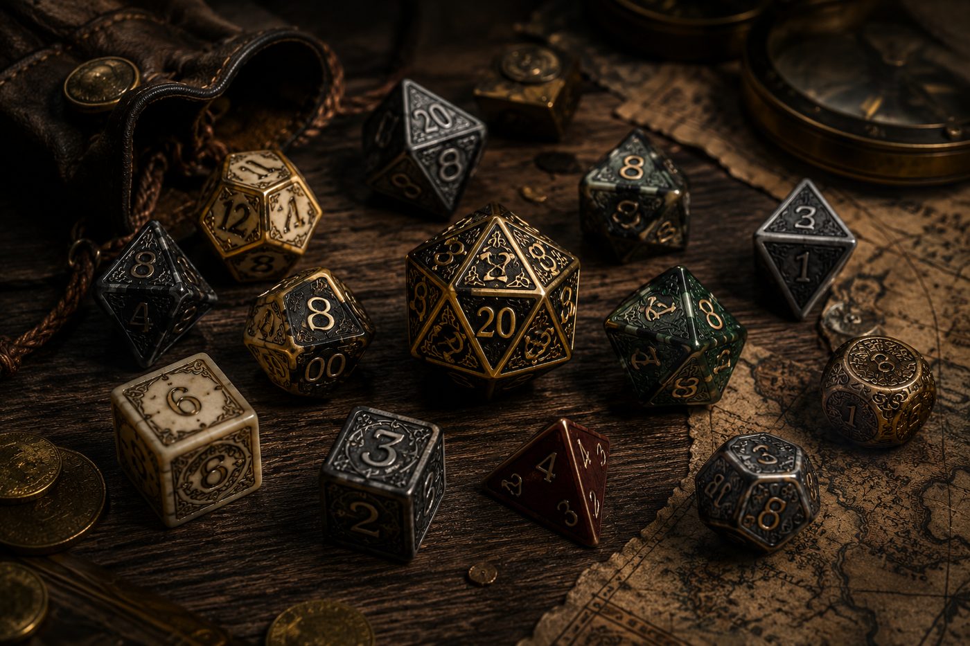 Un jeu de dés polyédriques dorés et sombres répandus sur une table de bois,
              à côté d'une bourse de cuir, d'une boussole de laiton et d'une carte ancienne