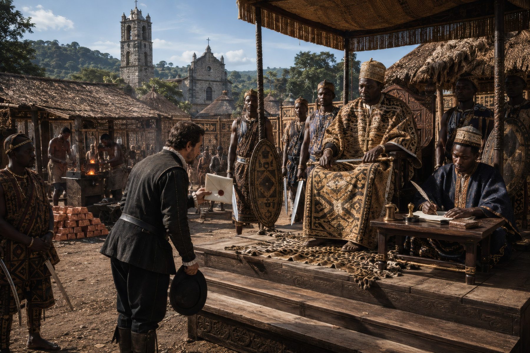 Ambassadeur européen chapeau bas devant la cour du royaume du Kongo